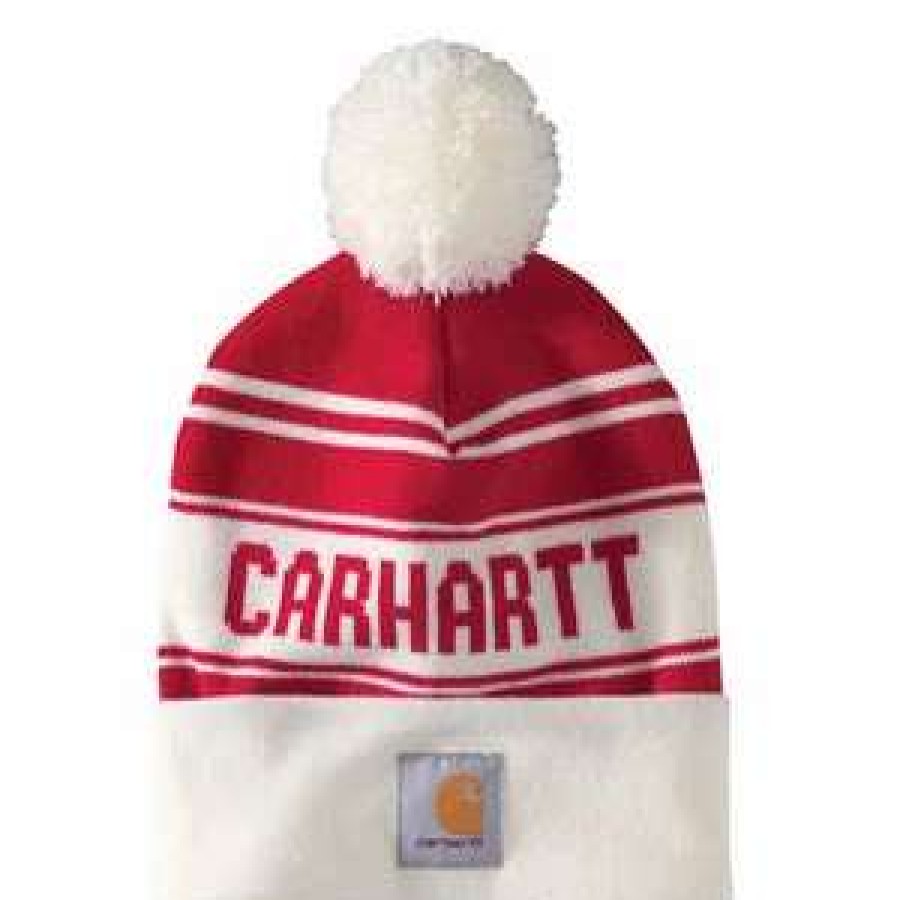 Men : Accessories : Hats & Gloves * | Carhartt' Adult Knit Pom Pom Cuffed Logo Beanie Red / White